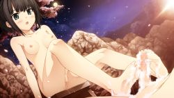 Rule 34 | 1girl, arishima alice, barefoot, black hair, blush, breasts, censored, cura, feet, flat (company), footjob, game cg, green eyes, highres, legs, looking down, lying, monobeno, moon, mosaic censoring, mountain, night, nipples, nude, onsen, outdoors, parted lips, penis, petals, pussy, pussy juice, short hair, sitting, sky, small breasts, soap bubbles, soles, solo focus, stool, thighs, toes, wet