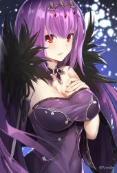 Rule 34 | 1girl, bare shoulders, breasts, caster (lostbelt), cleavage, commentary request, covered navel, detached sleeves, dress, fate/grand order, fate (series), feather trim, fur trim, hand on own chest, headpiece, large breasts, long hair, looking at viewer, open mouth, purple dress, purple hair, red eyes, scathach (fate), scathach skadi (fate), signature, solo, tiara, tyone, wide sleeves