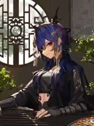 Rule 34 | 1girl, absurdres, arknights, black gloves, blue hair, bonsai, breasts, ch&#039;en (arknights), clay (clayjun), closed mouth, fingerless gloves, gloves, hair between eyes, hair ornament, hair over shoulder, highres, horns, indoors, instrument, long hair, long sleeves, low twintails, medium breasts, midriff, red eyes, shamisen, sitting, solo, twintails