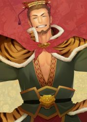 Rule 34 | 1boy, abs, animal print, beard, belt, blue eyes, brown hair, cape, capelet, commentary request, crown, facial hair, half-closed eyes, highres, itto (mentaiko), japanese clothes, kimono, looking at viewer, male focus, manly, mature male, muscular, muscular male, outstretched arms, pectoral cleavage, pectorals, raised eyebrows, sangokushi puzzle taisen, skirt, smile, solo, spiked hair, spread arms, sun quan, sun quan (sangokushi taisen), thick eyebrows, tiger print, upper body, yukata