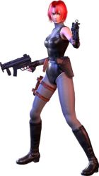 Rule 34 | 1girl, 3d, bag, bare shoulders, bodysuit, boots, breasts, capcom, detached sleeves, dino crisis, elbow gloves, fingerless gloves, gloves, gun, h&amp;k mp5, heckler &amp; koch, holster, leotard, lowres, official art, red eyes, red hair, regina (dino crisis), satchel, semi-automatic firearm, short hair, simple background, skin tight, solo, spandex, submachine gun, thigh strap, weapon