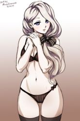 Rule 34 | 1girl, artist name, black bra, black panties, blonde hair, blue eyes, bra, breasts, cleavage, dated, fire emblem, fire emblem: three houses, gradient background, long hair, looking at viewer, low ponytail, medium breasts, mercedes von martritz, mina cream, navel, nintendo, own hands clasped, own hands together, panties, parted lips, simple background, solo, standing, thighhighs, underwear