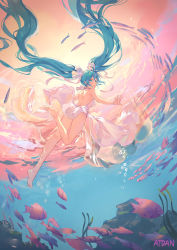 Rule 34 | 1girl, absurdly long hair, aqua eyes, aqua hair, artist name, atdan, barefoot, dress, fish, floating hair, full body, hair ribbon, hatsune miku, highres, long hair, outstretched arms, revision, ribbon, solo, spread arms, submerged, twintails, underwater, very long hair, vocaloid, white dress