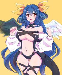 Rule 34 | 1girl, angel wings, asymmetrical wings, bare shoulders, belt, black choker, black panties, blue hair, blush, breasts, center opening, chemaru (a8l), choker, cleavage, collarbone, detached sleeves, dizzy (guilty gear), gluteal fold, guilty gear, guilty gear x, guilty gear xx, hair between eyes, hair ribbon, hair rings, large breasts, long hair, long sleeves, looking at viewer, mature female, midriff, navel, open mouth, panties, puffy long sleeves, puffy sleeves, red eyes, revealing clothes, ribbon, simple background, skindentation, solo, stomach, sweatdrop, tail, thick thighs, thigh gap, thigh strap, thighs, twintails, underboob, underwear, wings, yellow background, yellow ribbon