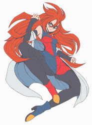 Rule 34 | 1girl, absurdres, abysswatchers, android, android 21, bare shoulders, black-framed eyewear, blue eyes, boots, breasts, brown hair, curly hair, cyborg, detached sleeves, dragon ball, dragon ball fighterz, dress, earrings, glasses, high heel boots, high heels, highres, hoop earrings, jewelry, lab coat, long hair, looking at viewer, medium breasts, nail polish, pantyhose, red hair, solo