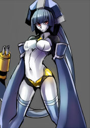 Rule 34 | 1girl, android, blazblue, blue thighhighs, breasts, covered erect nipples, detached sleeves, electric plug, kaneaki mukku, large breasts, minerva (blazblue), red eyes, sleeves past wrists, solo, standing, thighhighs