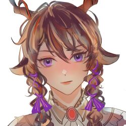 Rule 34 | animal ears, arknights, braid, brown hair, character request, check character, closed mouth, collared shirt, ebenholz (arknights), flower, hair between eyes, hair flower, hair ornament, hair ribbon, highres, honeywilde, horns, long hair, looking at viewer, petals, pink flower, portrait, purple eyes, purple ribbon, ribbon, shirt, simple background, smile, solo, twin braids, upper body, white background, white shirt