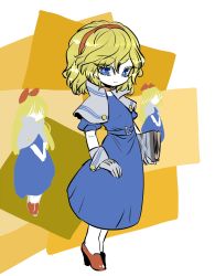 Rule 34 | 1girl, blonde hair, blue dress, blue eyes, book, capelet, choker, colored eyelashes, dress, expressionless, eyes visible through hair, gloves, grey gloves, grimoire of alice, hairband, highres, holding, holding book, long hair, looking at viewer, red footwear, ribbon, shanghai doll, shoes, short hair, solo, touhou, unfinished, yt (wai-tei)