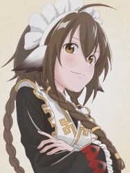 Rule 34 | 1girl, ahoge, ainu clothes, animal ears, anju (utawarerumono), apron, aquaplus, blush, braid, breasts, brown eyes, brown hair, closed mouth, crossed arms, frilled sleeves, frills, from side, gradient eyes, hair between eyes, hair ornament, long hair, long sleeves, looking at viewer, maid, maid apron, maid headdress, multicolored eyes, omeletterice39, sidelocks, small breasts, smug, solo, upper body, utawarerumono, utawarerumono: itsuwari no kamen, utawarerumono: lost flag, very long hair