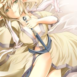 Rule 34 | 1girl, blonde hair, blush, green eyes, hypoxis, kunai, lying, mizuhashi parsee, open clothes, open robe, pointy ears, robe, scarf, short hair, solo, touhou, weapon