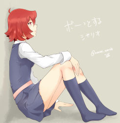 Rule 34 | 1girl, against wall, aged down, arm support, bad id, bad pixiv id, blue jacket, blue skirt, blue socks, chariot du nord, from side, full body, grey background, hair between eyes, hand on own knee, jacket, japanese text, kneehighs, little witch academia, long sleeves, luna nova school uniform, miniskirt, namaashi (moi taoru), pale skin, parted lips, pleated skirt, profile, red eyes, red hair, school uniform, shirt, short hair, simple background, sitting, skirt, sleeveless, sleeveless jacket, smile, socks, solo, ursula callistis, watermark, white shirt