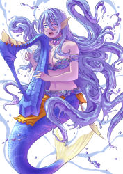 Rule 34 | 1girl, ater9, blue eyes, blush, breasts, cleavage, commentary request, fins, head fins, highres, holding, holding instrument, instrument, long hair, looking at viewer, medium breasts, mermaid, monster girl, music, navel, open mouth, original, playing instrument, purple hair, scales, solo, teeth, upper teeth only, very long hair, water drop, wavy hair