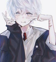Rule 34 | bad id, bad twitter id, bandaid, crying, crying with eyes open, g ig98, grey background, highres, necktie, original, self-harm, self harm, simple background, solo, tears, white eyes, white hair, wrist cutting