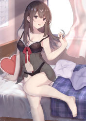 Rule 34 | 1girl, absurdres, babydoll, bad id, bad pixiv id, bare arms, bare legs, bare shoulders, barefoot, bed, black panties, blanket, brown hair, calendar (object), commentary request, curtains, day, graffy boring, heart, heart-shaped pillow, highres, light particles, lingerie, long hair, looking at viewer, navel, on bed, original, panties, pillow, plaid, red eyes, red ribbon, ribbon, see-through, sitting, solo, stomach, strap slip, sunlight, thighs, tongue, tongue out, underwear, window