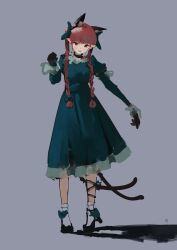Rule 34 | 1girl, :d, absurdres, animal ear fluff, animal ears, black choker, black gloves, blunt bangs, blush, braid, cat ears, cat tail, choker, dress, extra ears, eyebrows hidden by hair, full body, gloves, green dress, hand up, head tilt, highres, juliet sleeves, kaenbyou rin, long hair, long sleeves, looking at viewer, multiple tails, nekomata, open mouth, pointy ears, puffy sleeves, red eyes, red hair, sancking (fatekl), shadow, slit pupils, smile, solo, standing, tail, touhou, twin braids, twintails, two tails, very long hair