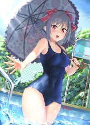 Rule 34 | 10s, 1girl, blue sky, blush, bow, breasts, bush, chain-link fence, covered navel, curvy, day, drill hair, dutch angle, fence, floral print, hair bow, highres, holding, holding umbrella, idolmaster, idolmaster cinderella girls, kanzaki ranko, large breasts, lens flare, looking at viewer, navel, old school swimsuit, one-piece swimsuit, open mouth, outdoors, outstretched arm, outstretched hand, parasol, plant, pool, pool ladder, red bow, red eyes, school swimsuit, signature, silver hair, sky, solo, sparkle, standing, sunlight, swimsuit, twin drills, twintails, umbrella, wading, water, water drop, wide hips, yuyan