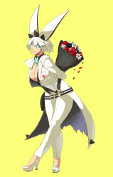 Rule 34 | 1girl, absurdres, ahoge, animal ears, black flower, black rose, blizzardingpike, blue eyes, bouquet, breasts, cleavage, cleavage cutout, clothing cutout, clover, elphelt valentine, flower, four-leaf clover, guilty gear, guilty gear xrd, hairband, highres, holding, holding bouquet, huge ahoge, jacket, large breasts, lily (flower), long sleeves, looking at viewer, pants, petals, red flower, red rose, rose, short hair, smile, spiked hairband, spikes, white footwear, white hair, white jacket, white lily, white pants, yellow background