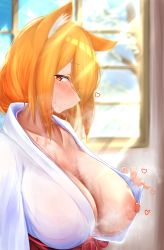 Rule 34 | 1girl, animal ear fluff, animal ears, blue sky, breasts, closed mouth, collarbone, commentary request, day, fox ears, fox girl, from side, hair over one eye, hakama, heart, highres, huge breasts, japanese clothes, kimono, long bangs, long hair, looking at viewer, miko, nipples, no bra, one breast out, open clothes, open kimono, original, profile, red hakama, sky, solo, steaming body, sunlight, sweat, togutogu, tree, white kimono, window