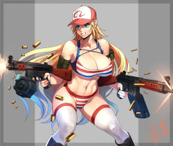 Rule 34 | 1girl, ammunition, armlet, assault rifle, bare shoulders, bikini, blonde hair, blue eyes, boots, breasts, cleavage, clenched teeth, collarbone, commentary request, dual wielding, extended magazine, fighting stance, firing, gradient hair, grey background, gun, hat, highres, holding, holding gun, holding weapon, large breasts, long hair, machine gun, midriff, multicolored hair, navel, ogami, original, rifle, shell casing, signature, smile, solo, streaked hair, striped bikini, striped clothes, submachine gun, swimsuit, teeth, thighhighs, very long hair, weapon