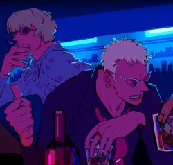 Rule 34 | 3boys, alcohol, alternate universe, blonde hair, bottle, brothers, donquixote doflamingo, donquixote rocinante, formal, highres, looking to the side, mature male, multiple boys, neon lights, one piece, oshiri ke, siblings, simple background, sitting, smoking, snowing, spiked hair, sunglasses, teeth