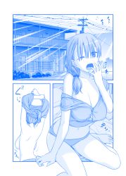 Rule 34 | 1boy, 1girl, ;o, arms up, backboob, bare legs, barefoot, blue theme, bouncing breasts, breasts, cleavage, clothes lift, comic, getsuyoubi no tawawa, hair over shoulder, hand to own mouth, himura kiseki, indoors, large breasts, maegami-chan (tawawa), midriff, monochrome, multiple views, navel, no bra, off shoulder, one eye closed, panties, shirt lift, sitting, sunlight, tears, underwear, undressing, wariza, yawning