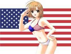 Rule 34 | 1girl, american flag, american flag bikini, american flag print, american flag swimsuit, bikini, brown eyes, brown hair, flag, flag print, nishimata aoi, print bikini, salute, short hair, smile, solo, swimsuit, united states, white bikini