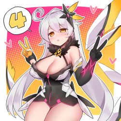 Rule 34 | 1girl, antenna hair, asymmetrical gloves, black dress, black gloves, blush, breasts, cleavage, ditienan ddn, double v, dress, gloves, hair between eyes, hair ornament, hair ribbon, heart, honkai (series), honkai impact 3rd, kiana kaslana, kiana kaslana (herrscher of the void), large breasts, long hair, looking at viewer, mismatched gloves, open mouth, pink background, ribbon, silver hair, sleeveless, sleeveless dress, solo, standing, symbol-shaped pupils, two-tone background, v, yellow background, yellow eyes, yellow gloves