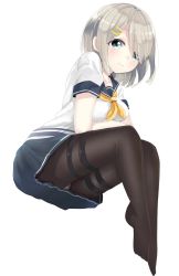 Rule 34 | 10s, 1girl, aqua eyes, black pantyhose, blue skirt, blush, breast hold, breasts, crossed arms, feet, full body, hair ornament, hair over one eye, hairclip, hamakaze (kancolle), highres, invisible chair, kantai collection, large breasts, leaning forward, light smile, looking at viewer, ma-a, miniskirt, neckerchief, panties, panties under pantyhose, pantyhose, pantyshot, pleated skirt, school uniform, serafuku, short hair, short sleeves, silver hair, simple background, sitting, skirt, solo, thighband pantyhose, underwear, white background, white panties, yellow neckerchief