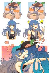 Rule 34 | !, !!, 2girls, alternate costume, black headwear, blue eyes, blue hair, breasts, cleavage, commentary, english commentary, food, fruit, heart, highres, hinanawi tenshi, hug, large breasts, leaf, light bulb, long hair, long sleeves, multiple girls, peach, red eyes, sleeves past fingers, sleeves past wrists, tank top, tomatolover16, touhou, yorigami shion