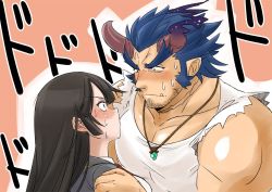 Rule 34 | 1boy, 1girl, bara, bare arms, broken horn, demon boy, demon horns, facial hair, fiery horns, from side, hand on another&#039;s shoulder, hetero, horns, imminent kiss, large pectorals, long sideburns, male focus, protagonist 2 (housamo), mature male, muscular, muscular male, pectoral cleavage, pectorals, shirt, short hair, sideburns, stubble, sweatdrop, takemaru (housamo), thick eyebrows, tokyo houkago summoners, torn clothes, torn shirt, translation request, tusks, uden (udeden odon), upper body