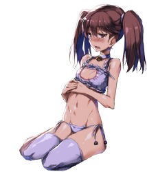 Rule 34 | 10s, 1girl, bell, neck bell, bikini, blush, breasts, brown eyes, brown hair, cat cutout, cat ear panties, cat lingerie, choker, cleavage cutout, clothing cutout, jingle bell, kantai collection, long hair, meme attire, navel, open mouth, panties, redcomet, ryuujou (kancolle), side-tie bikini bottom, side-tie panties, sitting, small breasts, solo, swimsuit, thighhighs, twintails, underwear