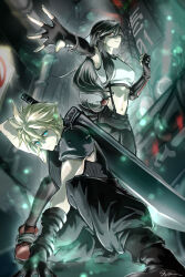 Rule 34 | 1boy, 1girl, absurdres, arm guards, armor, black footwear, black gloves, black hair, black pants, black skirt, black thighhighs, blonde hair, blue eyes, boots, bracelet, breasts, buster sword, clenched hand, closed mouth, cloud strife, commentary, crop top, fighting stance, final fantasy, final fantasy vii, final fantasy vii remake, fingerless gloves, gas (ogyaaaaa a), gloves, hair between eyes, hand on ground, highres, jewelry, light particles, long hair, looking at viewer, low-tied long hair, medium breasts, midriff, navel, open hand, outstretched arm, outstretched hand, pants, red eyes, red footwear, ribbed sweater, shoulder armor, signature, single sidelock, skirt, sleeveless, sleeveless turtleneck, spiked hair, squatting, standing, suspender skirt, suspenders, sweater, sword, tank top, thighhighs, tifa lockhart, turtleneck, turtleneck sweater, weapon, weapon on back, white tank top