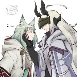 Rule 34 | 3girls, ahoge, animal ear fluff, animal ears, arknights, black gloves, blonde hair, blush, cat ears, chibi, chibi inset, closed eyes, dlanon, drawstring, eighth note, face grab, gloves, green hair, grey jacket, harmonie (arknights), hood, hood down, hooded jacket, huge ahoge, jacket, long hair, mandragora (arknights), multiple girls, musical note, open clothes, open jacket, parted lips, simple background, smile, upper body, visor (armor), white background, white jacket, yuri
