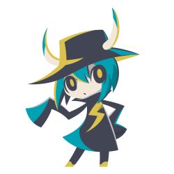 Rule 34 | 1girl, absurdres, black dress, blue hair, dress, full body, hair between eyes, hand on own hip, hat, highres, horns, hotate oishii, lightning bolt print, long sleeves, looking at viewer, no nose, original, short hair, signature, simple background, solo, standing, white background