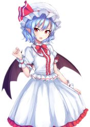 Rule 34 | 1girl, blouse, blue hair, blush, cowboy shot, demon wings, fang, frills, hand up, hat, highres, junior27016, looking at viewer, mob cap, open mouth, pointy ears, puffy short sleeves, puffy sleeves, red eyes, remilia scarlet, shirt, short hair, short sleeves, simple background, skirt, smile, solo, touhou, tsurime, wavy hair, white background, white shirt, white skirt, wings