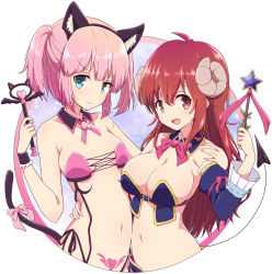Rule 34 | 2girls, animal ears, aqua eyes, bow, bowtie, breasts, cat ears, cat tail, chiyoda momo, cleavage, closed mouth, collarbone, commentary request, curled horns, demon girl, demon horns, detached collar, detached sleeves, fake animal ears, heart, heart tattoo, highres, holding, holding wand, horns, large breasts, long hair, machikado mazoku, medium breasts, mel (melty pot), multiple girls, navel, open mouth, pink hair, pink neckwear, pink ribbon, pubic tattoo, red eyes, red hair, ribbon, short hair, smile, tail, tattoo, wand, wavy mouth, wrist cuffs, yoshida yuuko (machikado mazoku)