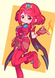 Rule 34 | 1girl, absurdres, black gloves, breasts, chest jewel, earrings, fingerless gloves, gloves, highres, jewelry, large breasts, marikyuunn, nintendo, pyra (xenoblade), red eyes, red hair, red shorts, red thighhighs, short hair, short shorts, shorts, super smash bros., swept bangs, thighhighs, tiara, xenoblade chronicles (series), xenoblade chronicles 2