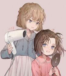 Rule 34 | 2girls, :d, blue eyes, blue jacket, bob cut, brown hair, cable, child, commentary, crossed bangs, drawstring, dress, drying, drying hair, english commentary, grey background, haibara ai, hair between eyes, hair dryer, hand mirror, hands up, holding, holding hair dryer, holding mirror, hood, hood down, hooded jacket, jacket, light brown hair, long sleeves, looking at another, looking at viewer, meitantei conan, mirror, multiple girls, open mouth, pajamas, parted bangs, simple background, smile, white dress, yoshicha, yoshida ayumi