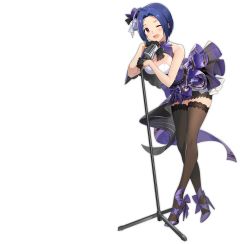 Rule 34 | 1girl, ahoge, artist request, azur lane, bare shoulders, black gloves, black thighhighs, blue hair, breasts, gloves, high heels, highres, idolmaster, idolmaster (classic), large breasts, looking at viewer, microphone, microphone stand, miura azusa, official art, one eye closed, open mouth, purple footwear, short hair, sleeveless, standing, thighhighs, transparent background