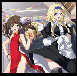 Rule 34 | 10s, 2girls, bad anatomy, bamboo steamer, baozi, black border, blonde hair, blue eyes, border, brown hair, bun cover, cecilia alcott, china dress, chinese clothes, cup, double bun, dress, dumpling, fang, food, green eyes, hd-humi, huang lingyin, infinite stratos, long hair, maid, multiple girls, teacup, thighhighs, tray, twintails