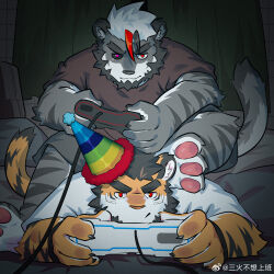 Rule 34 | 2boys, artist request, bara, birthday, couple, foot on head, frown, furry, furry male, furry with furry, handheld game console, hat, heterochromia, highres, holding, holding handheld game console, lgbt pride, male focus, mismatched sclera, multiple boys, original, party hat, playing games, rainbow gradient, short hair, sitting, sitting on person, smile, tail, thick eyebrows, tiger boy, yaoi