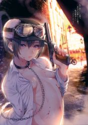 Rule 34 | 1girl, absurdres, arched back, bicycle, black hair, blood, blood on chest, blood on clothes, blood on face, breasts, chain, collar, dutch angle, goggles, gun, handgun, hat, highres, holding, holding gun, holding weapon, huge filesize, ikezaki misa, kino (kino no tabi), kino no tabi, looking at viewer, navel, nipples, open clothes, open shirt, outdoors, pistol, purple eyes, shiny skin, shirt, sky, small breasts, sunset, text focus, translated, weapon