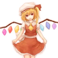Rule 34 | 1girl, bad id, bad pixiv id, blouse, curtsey, embodiment of scarlet devil, female focus, flandre scarlet, hair between eyes, hat, head tilt, kokotetsu, mob cap, open mouth, shirt, smile, solo, touhou, white background, white hat, white shirt