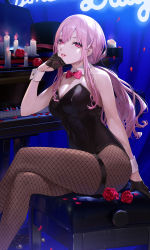 Rule 34 | 1girl, alternate costume, alternate hairstyle, bow, bowtie, candle, crossed legs, ekao, fishnet pantyhose, fishnets, flower, highres, hololive, hololive english, instrument, legs, leotard, looking at viewer, mori calliope, official art, pantyhose, piano, pink hair, playboy bunny, ponytail, red eyes, rose, second-party source, sitting, solo, virtual youtuber
