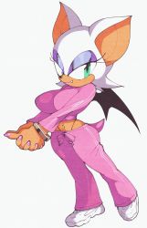 Rule 34 | animal nose, bat (animal), belly button piercing, bracelet, breasts, crop top, eyeshadow, fangs, fingernails, furry, furry female, green eyes, half-closed eyes, highres, inkerton-kun, jewelry, large breasts, large ears, lipstick, long fingernails, makeup, nail polish, pants, pink nails, rouge the bat, shoes, sonic (series), sweater, sweatpants, tail, thong, white fur, wings