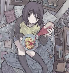 1girl absurdres bags_under_eyes bed black_eyes black_hair black_shirt black_sleeves black_socks book bowl closed_mouth controller empty_eyes food from_above gudon_udon highres holding holding_bowl ketchup ketchup_bottle long_sleeves looking_at_viewer messy_room nakahara_misaki omelet omurice on_bed pillow raglan_sleeves remote_control shirt short_hair sitting smile socks solo spoon two-tone_shirt yellow_shirt