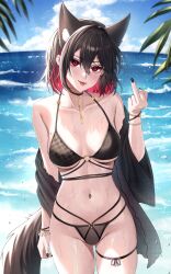 Rule 34 | 1girl, absurdres, animal ears, bare shoulders, bikini, black bikini, black choker, black jacket, black nails, bracelet, breasts, breasts apart, choker, collarbone, colored inner hair, cowboy shot, day, extra ears, fox ears, fox girl, fox tail, halterneck, highres, jacket, jewelry, large breasts, looking at viewer, middle finger, mole, mole on breast, multi-strapped bikini, multicolored hair, nail polish, navel, ocean, off shoulder, open clothes, open jacket, original, outdoors, profanity, red eyes, red hair, short hair, sidelocks, skindentation, smile, solo, standing, stomach, string bikini, swimsuit, tail, thigh strap, thighs, tongue, tongue out, virtual youtuber, vitaminechan