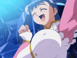 Rule 34 | 00s, 1girl, animated, animated gif, blue hair, bouncing breasts, breasts squeezed together, breasts, choujuushin gravion, chuiru, covered erect nipples, choujuushin gravion, huge breasts, maid, oobari masami, solo, tulie, twintails, yellow eyes