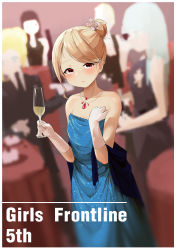 Rule 34 | 1girl, absurdres, alternate costume, alternate hairstyle, anniversary, bare shoulders, blonde hair, blue dress, blurry, blush, champagne flute, commentary request, cup, depth of field, dress, drinking glass, earrings, evening gown, girls&#039; frontline, gloves, hair bun, hair ornament, hairclip, highres, jewelry, looking at viewer, nagant revolver (girls&#039; frontline), necklace, painnico, red eyes, short hair, single hair bun, white gloves