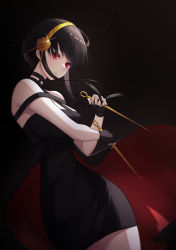 Rule 34 | 1girl, absurdres, black dress, black gloves, black hair, breasts, dagger, dress, dual wielding, earrings, erid (jcw9237), gloves, gold earrings, gold hairband, hairband, highres, holding, jewelry, knife, light blush, looking at viewer, medium breasts, medium hair, night, parted lips, red eyes, solo, spy x family, stiletto (weapon), two-sided dress, two-sided fabric, weapon, yor briar